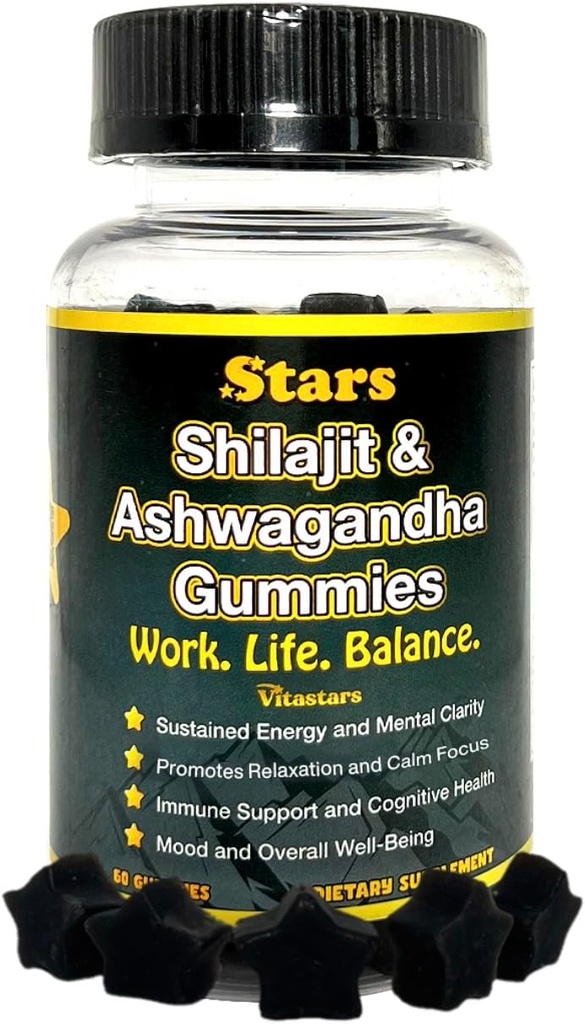 Shilajit Ashwagandha Gummies - Imunitní Supplement s Pure Shilajit Resin - Organic Ashwagandha Gummy for Stress, Energy & Wellness, 60 Natural Star- Shaped Gummies