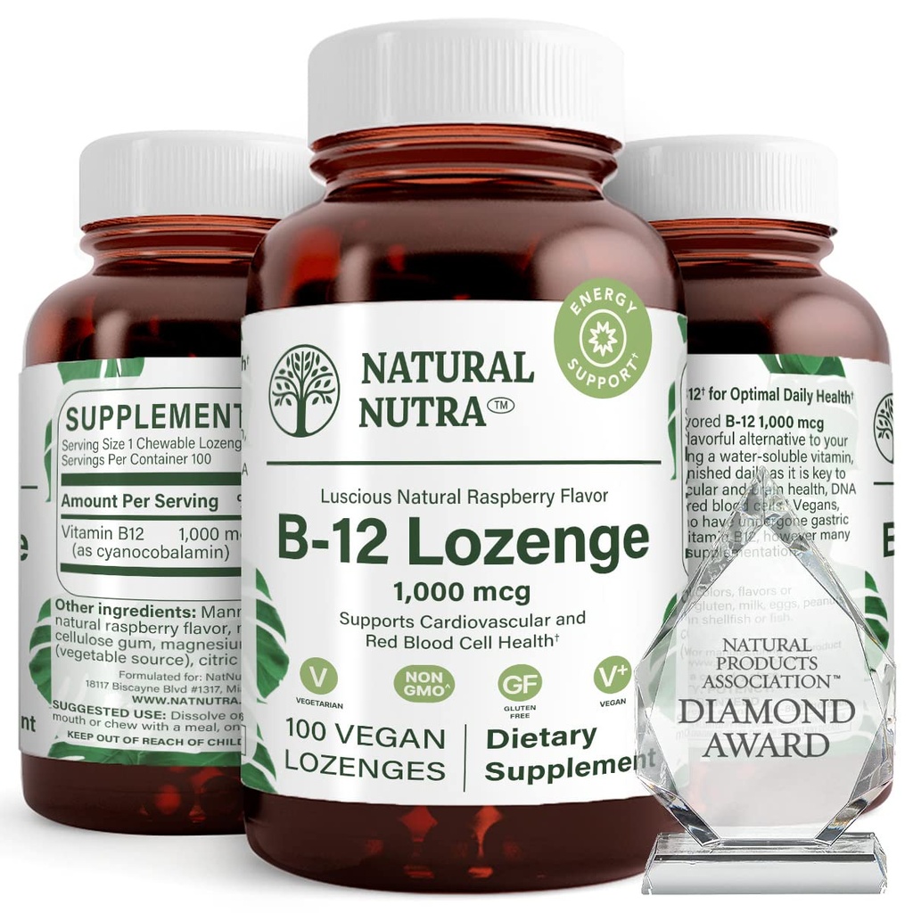 Přírodní Nutra vitamin B12 dodatek, Pomáhá zvýšit energetické hladiny, esenciální pro zdravý nervový systém, pomáhá zlepšit náladu a duševní zdraví, podporuje kardiovaskulární systém, 100 Lozenges