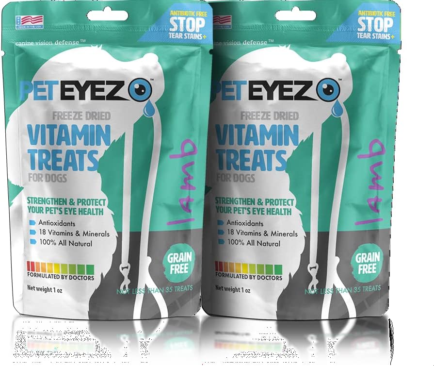 Pet Eyez- Dog Tear Stain Remover - Tear Stain Remover for Dogs - Dog Eye Care-Dog Treats with Astaxanthin, Blueberry Fruit Powder, Lutein, Grain Free, All- Natural Protein (Lamb-2 Pack)