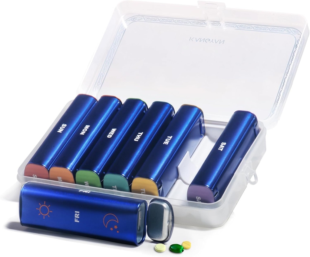 Metal Weekly Pill Organizátor 2 krát denně, Aluminium Alloy Přenosný Travel Pill Box 7 Daily Daily Pill Pouzdro pro vitamín, medicína, dodatek, Rybí olej