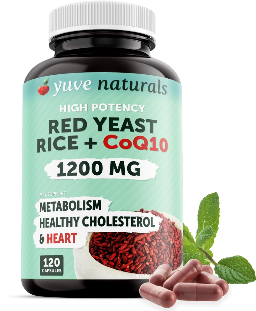 100% přírodní červená kvasinková rýže 1200 mg s CoQ10 100 mg, 2 v 1, Udržujte zdravou hladinu cholesterolu - 120 Veggie Kapsle