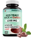 100% přírodní červená kvasinková rýže 1200 mg s CoQ10 100 mg, 2 v 1, Udržujte zdravou hladinu cholesterolu - 120 Veggie Kapsle