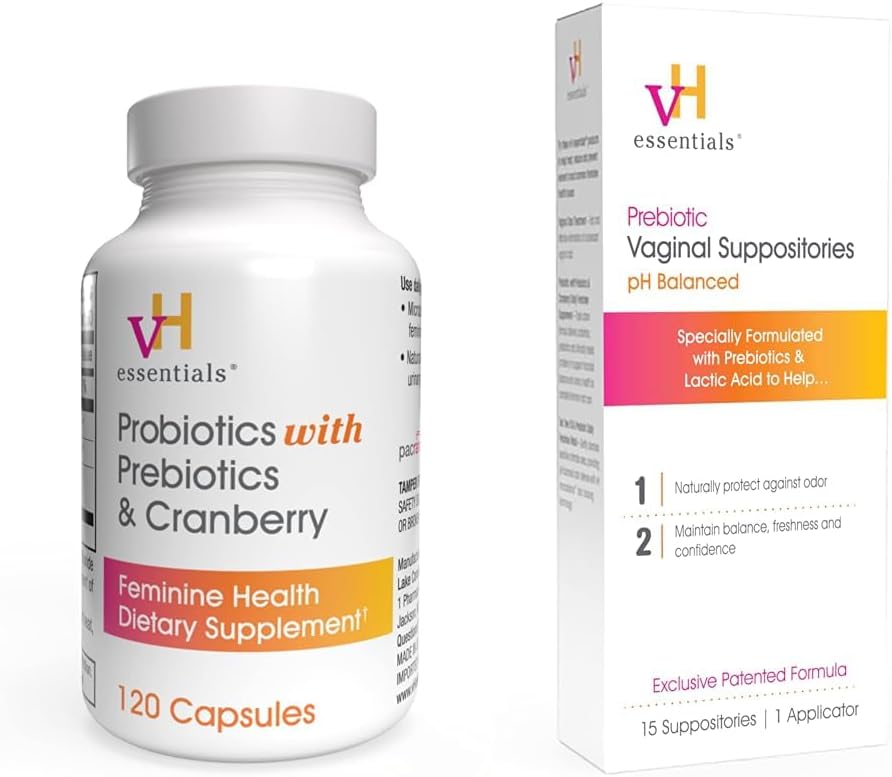 vH nezbytnosti Probiotika s Prebiotika a Cranberry Feminine Zdravotní dodatek - 120 Kapsle (544-36) & Prebiotic PH Vyvážený Vaginální SuppozitoriesBox, Původní verze, 15 Počet
