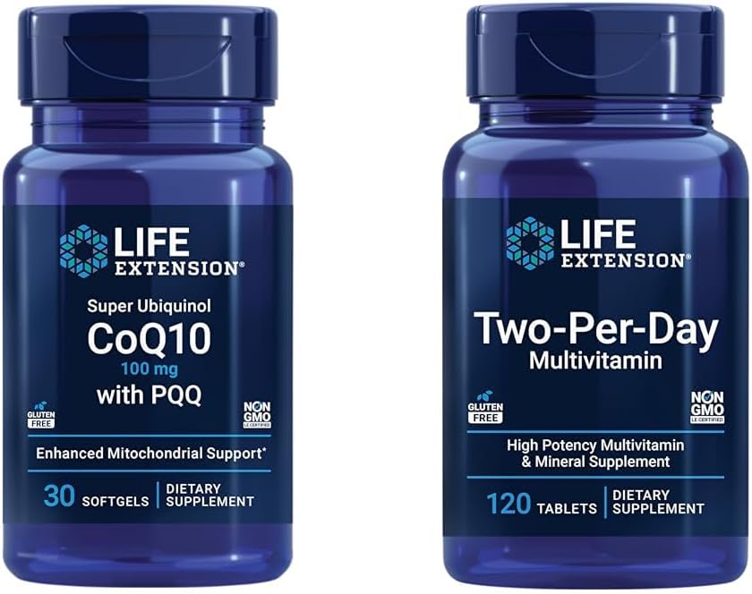 Life Extension Super Ubiquinol CoQ10 100mg 30 Softgels Cellular Energy Support Bundle s Two- Per- Day High Potency 120 Tablet Multivitamin