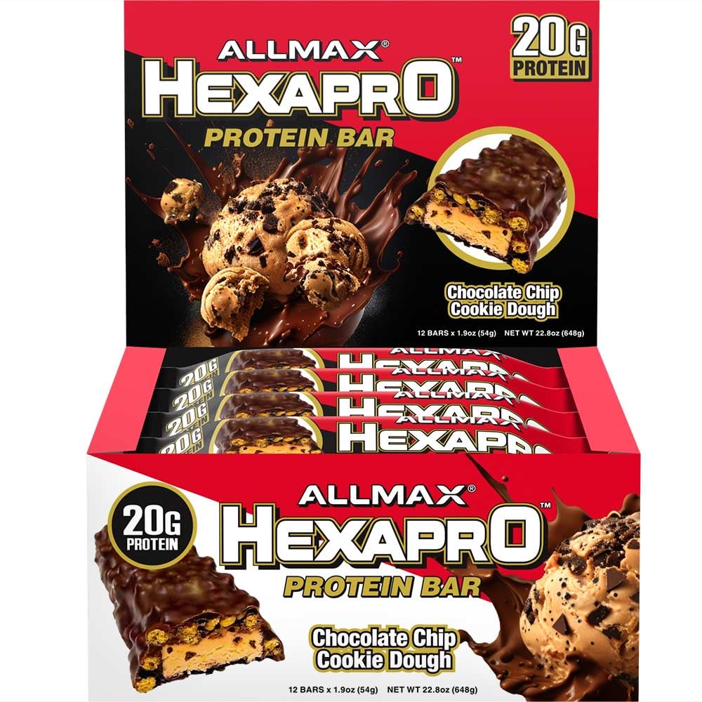 ALLMAX HEXAPRO PROTEIN, Čokoláda Chip Cookie Dough - balení po 12 - Vysokoproteinový energetický snack - 20 g proteinového baru - se syrovátkovým proteinovým izolátem
