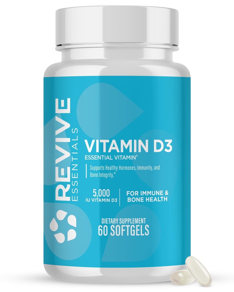 Revive MD vitamin D3 dodatek, 5000 IU - Vysoká potence Cholekalciferol pro imunitní podporu, absorpce vápníku, kosti a svalové zdraví - Non- GMO Dietní dodatek s No Fillers - 60 Softgels