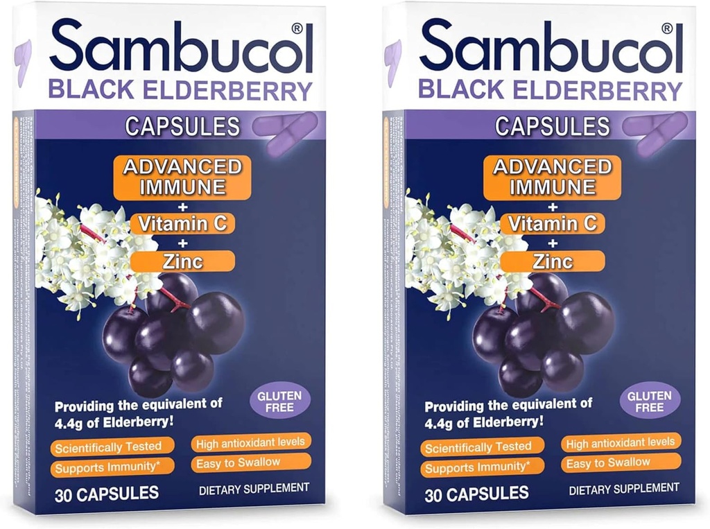Sambucol Black Elderberry Kapsle - Advanced Imunitation, Vitamin C and Zinek, Elderberry Kapsle, Imunitní podpora, Černé Elderberry doplňky, Lepek zdarma, Snadno spolknout Kapsle - 30 Počet, 2-Pack