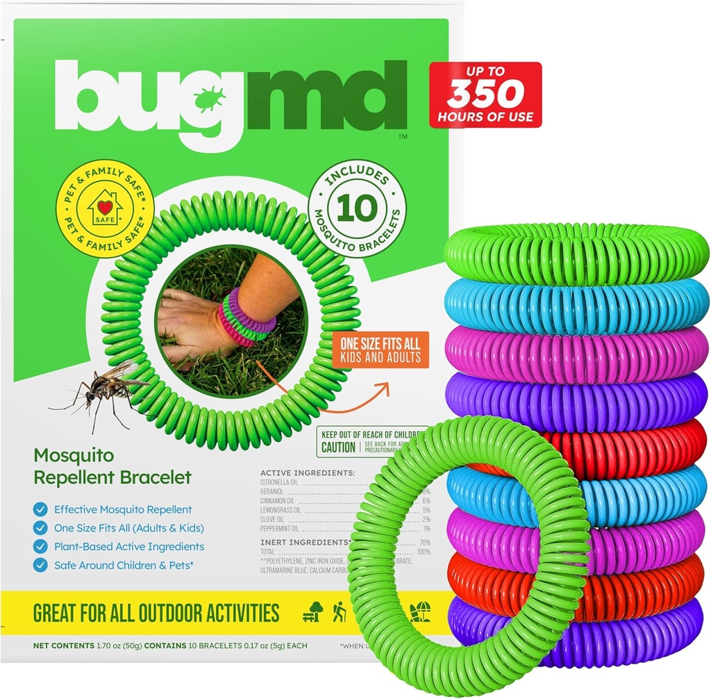 BugMD 10 Pack Mosquito Náramky, Deet- Free Bands pro dospělé a děti, Přírodní a vodotěsné Citronella náramky pro kempování, turistiku, pláž, cestování a venkovní Essentials