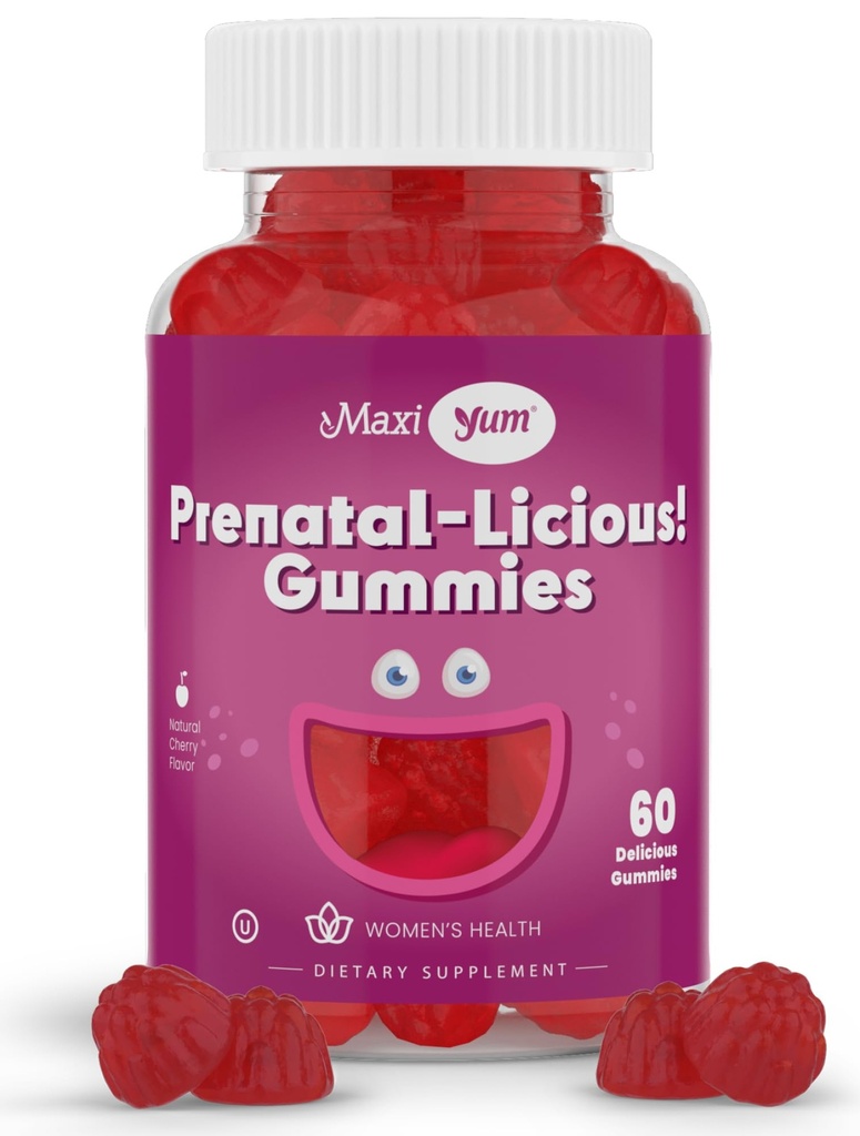 Maxi Zdraví Ženy s organickou Prenatal Gummies - Kosher Cherry ochucené Pre Natal Gummy - Prenatal Vitamíny pro ženy s listovou kyselinou a železem pro vývoj plodu, 60 Počet
