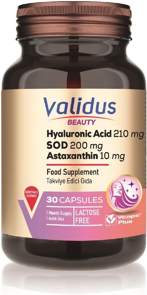VALIDUS Acid hyaluronicum 210 mg + Astaxanthin 10 mg 30 tobolek (Vcaps Plus)