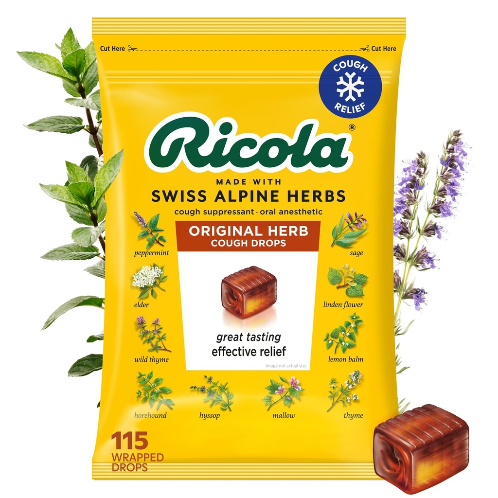 Ricola Původní Herb kašel Kapky, 115 Počet, Kašel Suppressant & Hrdlo Relieving Kapky s přirozeně sourced Menthol, Pleasing Bylinná chuť pro kašel & Krční podráždění Symptomatická úleva