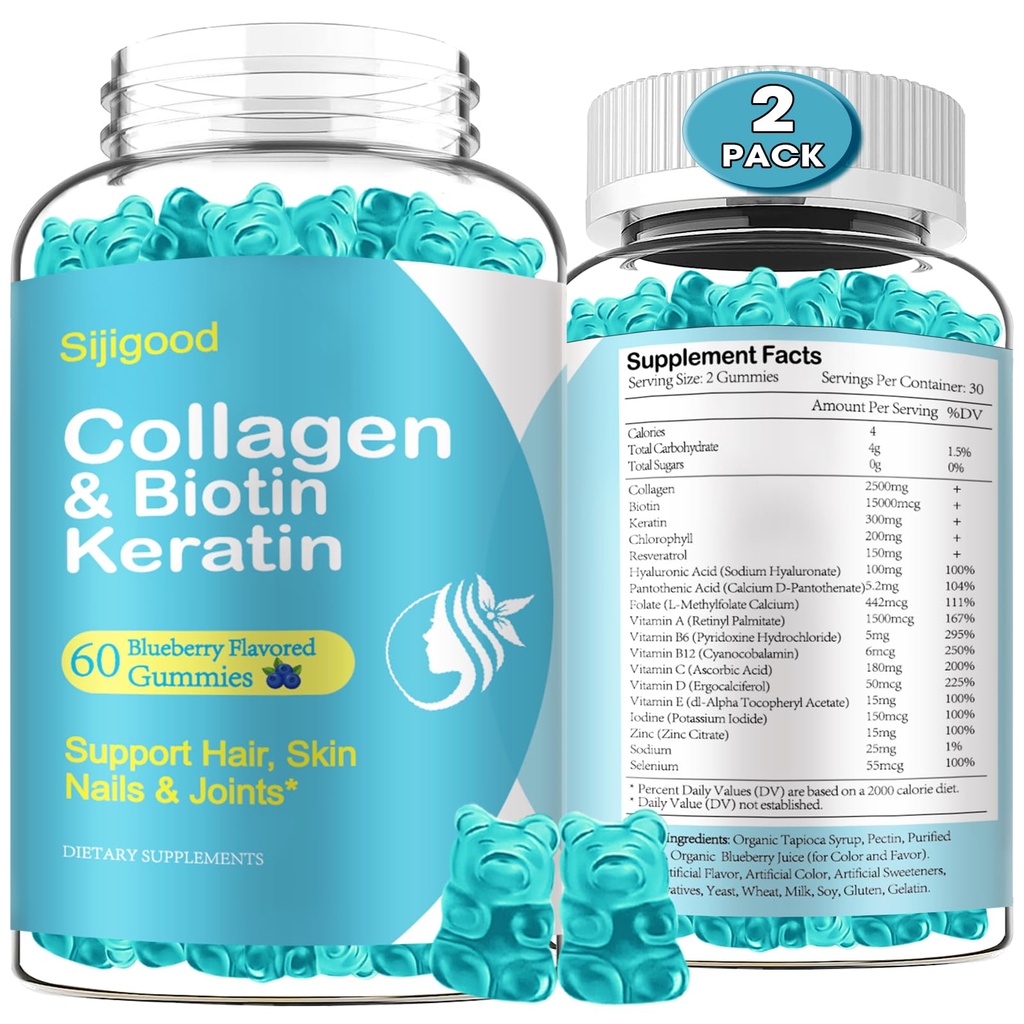2 Pack Biotin Gummies s kolagen, keratin, hyaluronová kyselina, Vitamin pro kůži, růst vlasů, hřebíky, Ženy Muži Dospělé Děti - Borůvkové ochucené, 120 Gumy