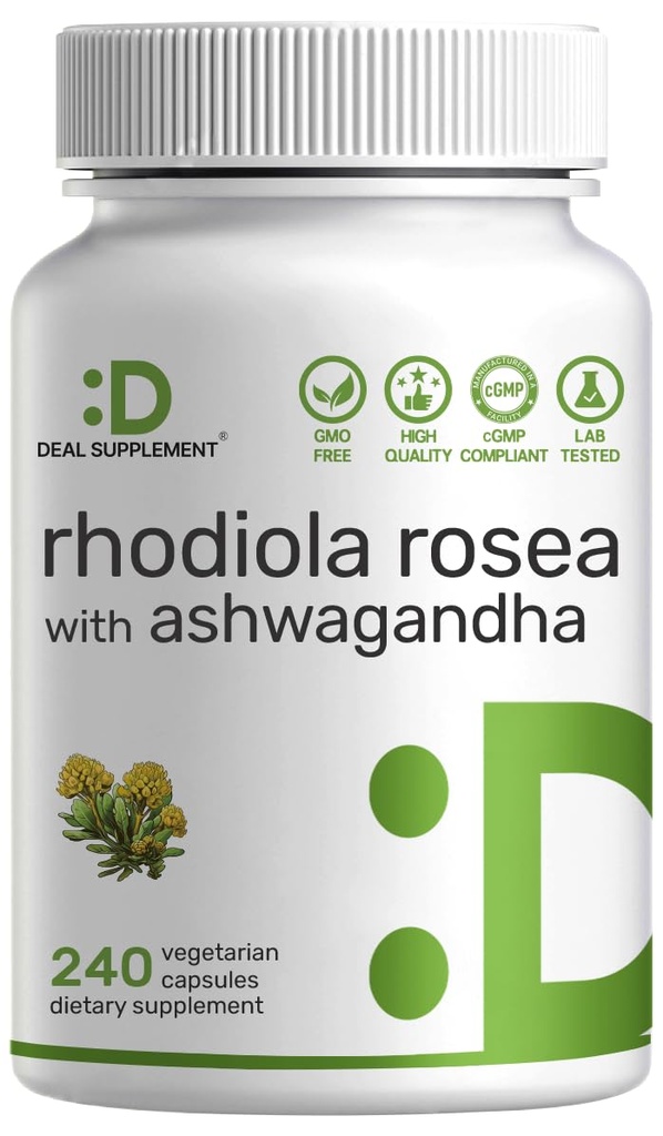 DEAL SUPPLAMENT Rhodiola Rosea s Ashwagandha, 240 Veggie Kapsle - Max síla 10: 1 Root Extract - Adaptogenní doplňky pro relaxaci, energie, a zdraví mozku * - Non- GMO