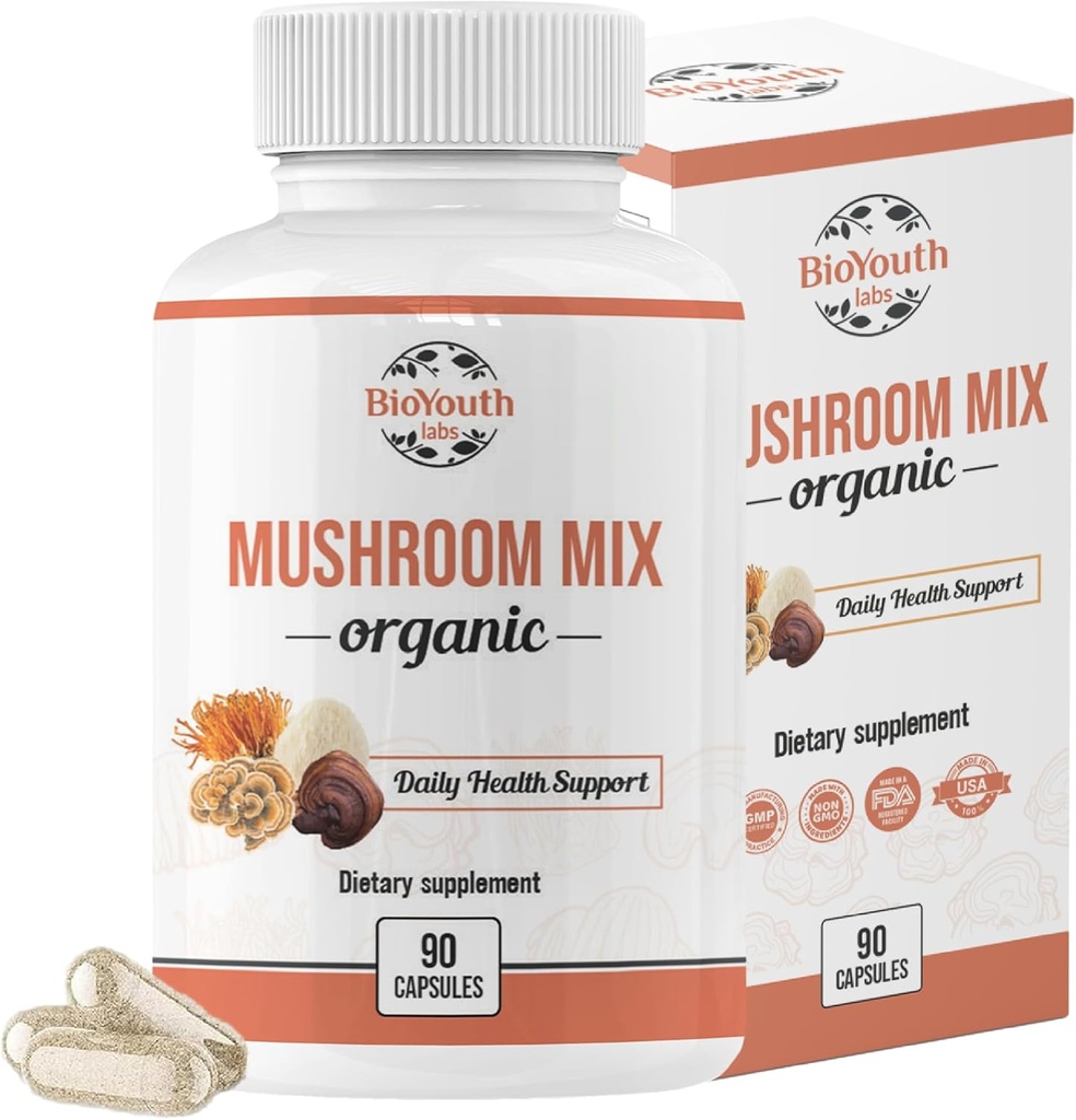 Organické smíšené houby Kapsle přírodní doplněk 124; Cordyceps Sinensis, Reishi, Lion 's Mane, Turecko Orel 124; Imunitní podpora, Vitality Boost, Non- GMO & Allergen- Free Capsle 124; 90 Kapsle