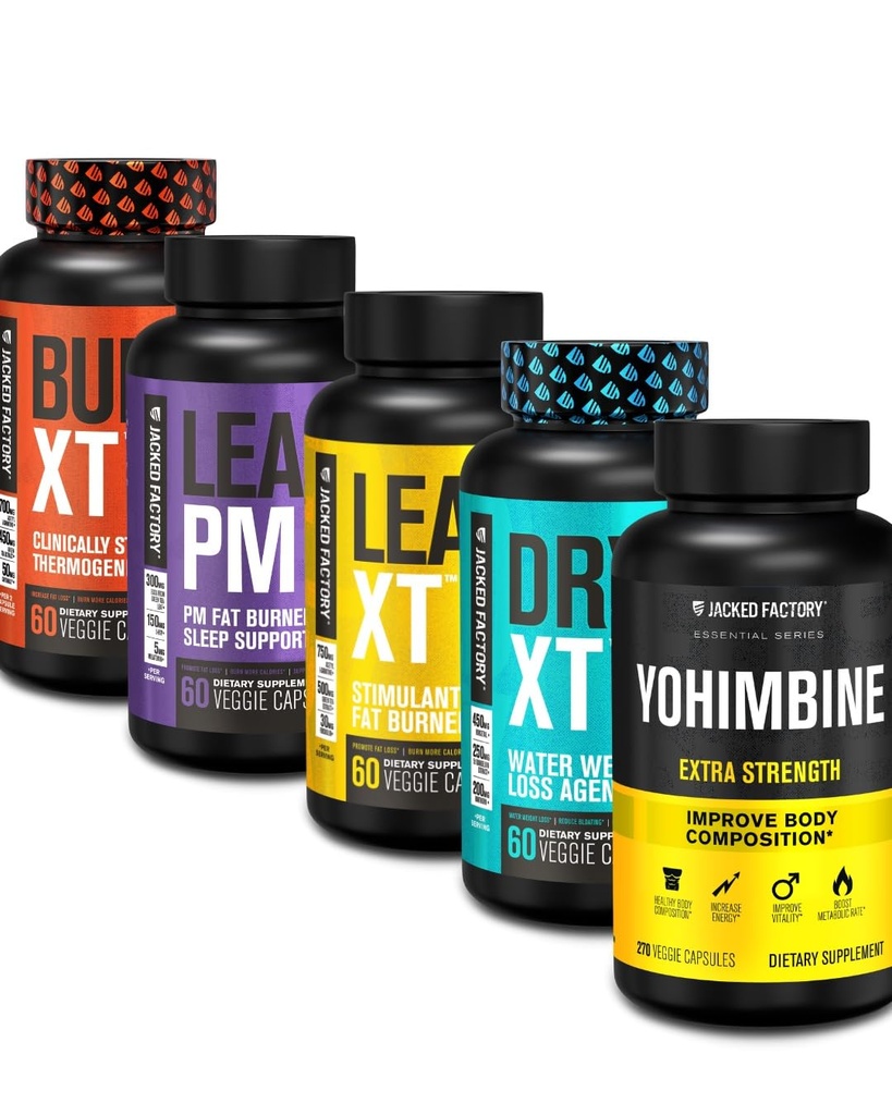 Jacked Factory Thermogenní spalovač hmotnosti doplněk - Burn-XT termogenní a Lean PM noční ztráta hmotnosti spánková pomoc - Lean-XT Caffeine-Free spalování tuků, Yohimbine kapsle, Suché XT Diuretic