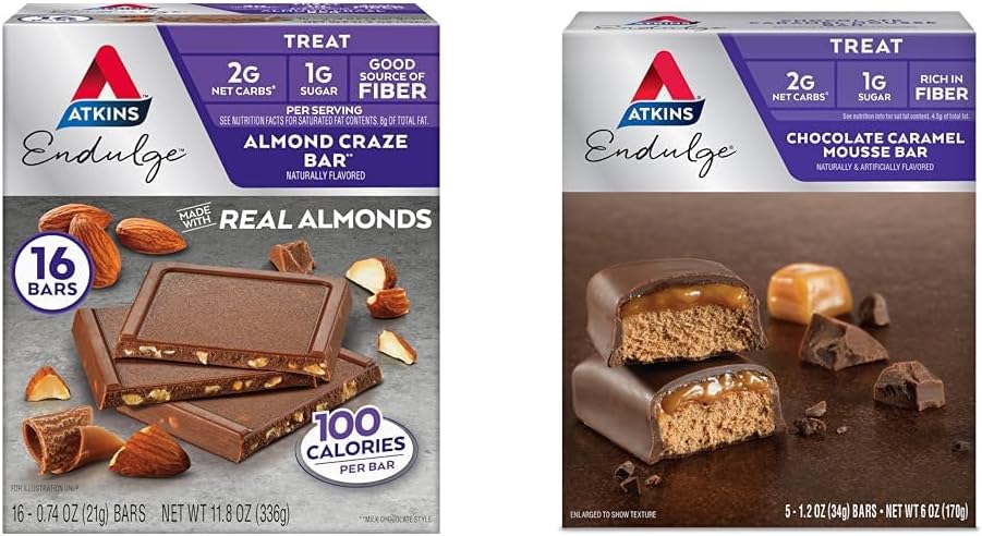 Atkins Endulge Almond Craze Bar 16 Count & Chocolate Caramel Mousse Bar 5 Count, Keto Friendly, Nízký cukr