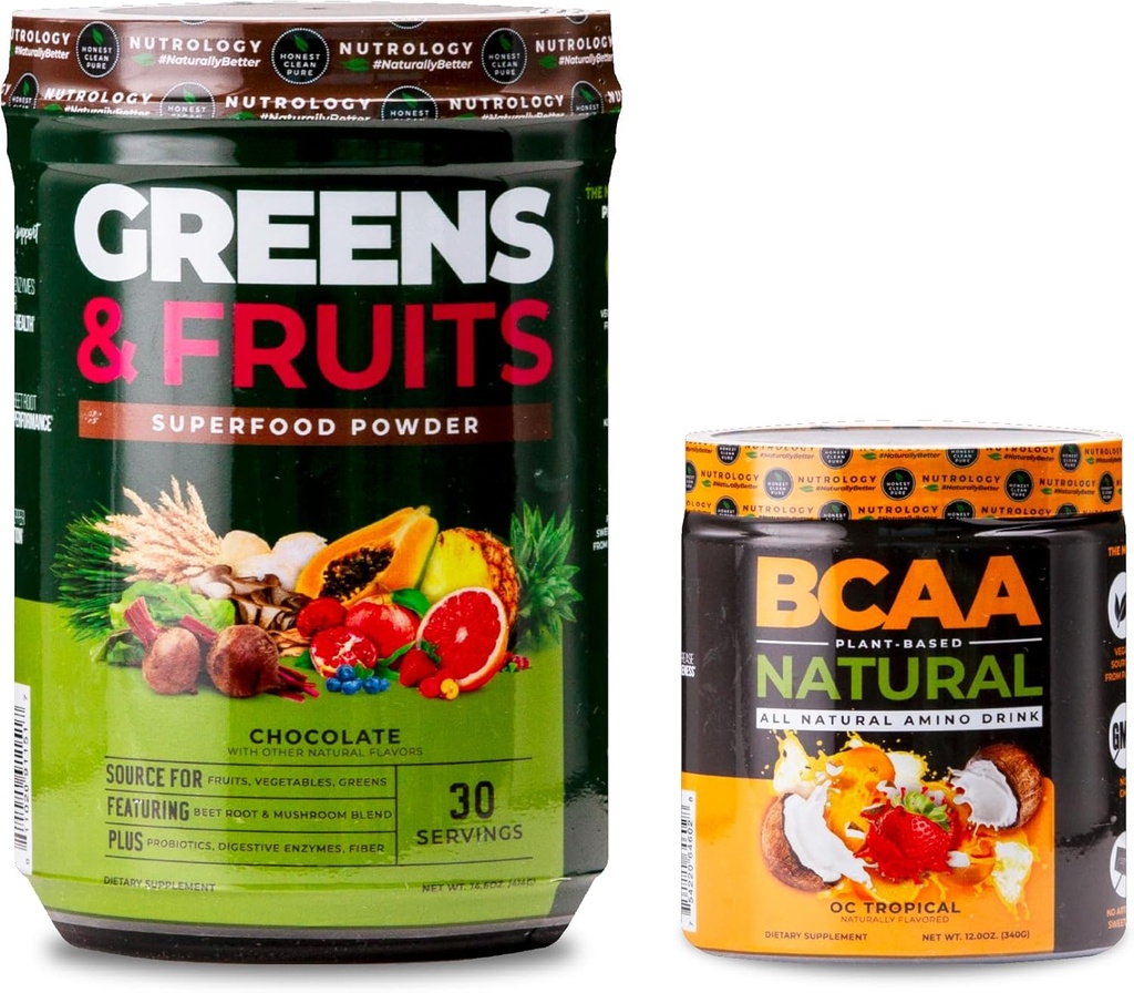 Nutrology Green & Fruits Powder- Přirozeně sourced Superfood, Chocolate (30 Servings) BCAA Natural, Plant Based BCAA Powder, Orange Coconut Flavor (30 Servings)