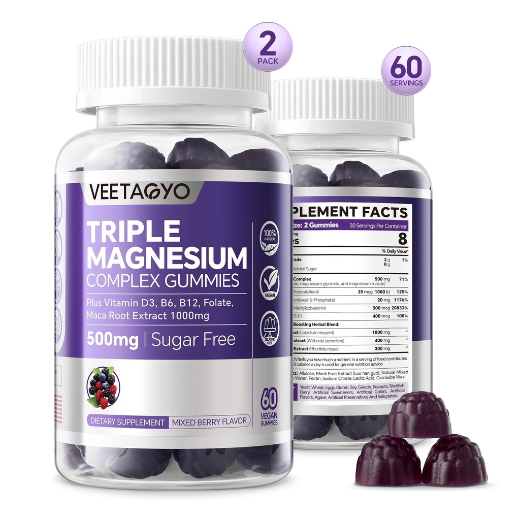 Magnesium Gummies 500mg 400mg PHAR124; vysoká absorpce, kost, nervy, svalovina 124; 3 formy komplexu hořčíku Glycinát, Taurát, Malate PHAR124; Dospělí - Vegan, bez cukru, 120Cts