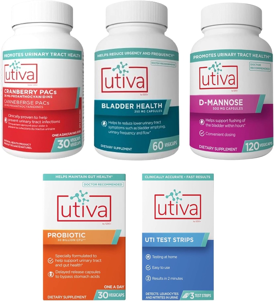 15% Bundle Utiva Cranberry PACs 30 Vegi Kapsle + Utiva Blinder Health 60 Kapsle + Utiva D- Mannose 500 mg 120 Kapsle + Utiva Probiotic 30 Pozdržené uvolňování Vegi Kapsle + Utiva UTI Zkušební proužky