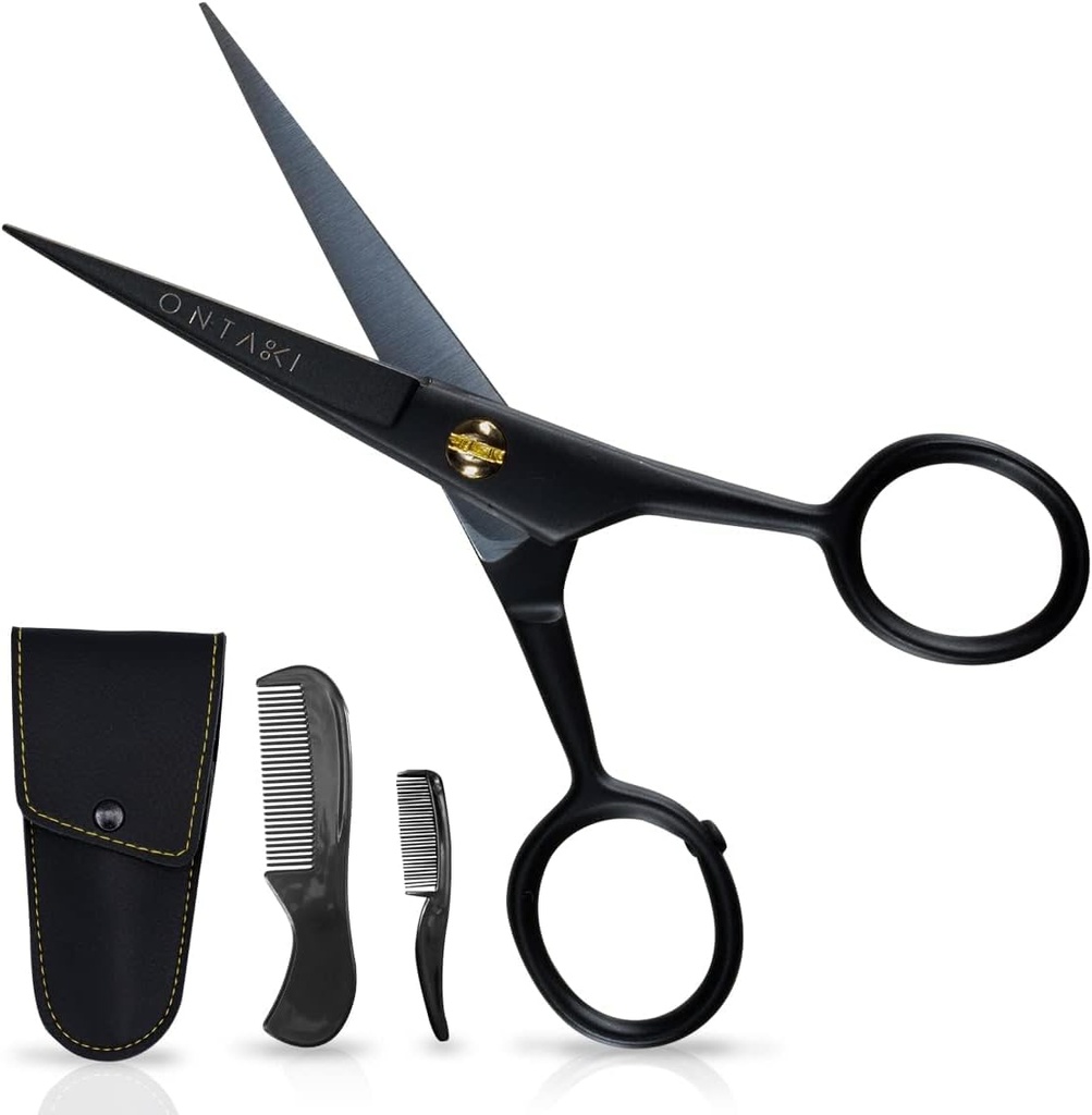 Nůžky pro muže - 5- Inch, Black - Německá vysoce-uhlíková ocel Bevel-Edge pro přesnost - Beard Trimming Nůžky - Obsahuje souprava na zedníky s knírkem & Beard Combs & Nošení Pouch