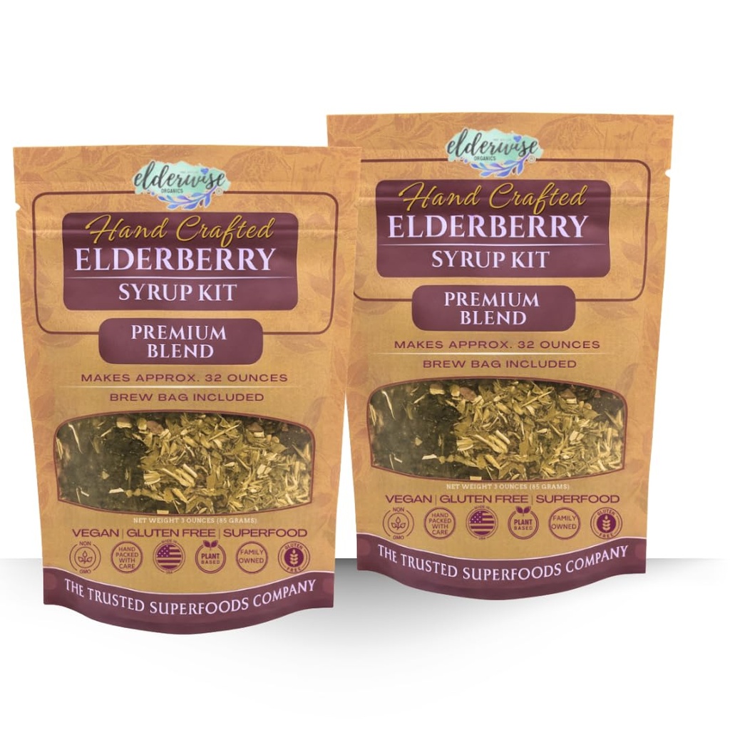 Elderberry Sirup Kits 2X - Každý dělá přibližně 32- z - Včetně sáčků na vaření - Ingredience - Bezinky - Růžové - Zázvor - Echinacea - Skořice - Hřebíky - Elderwise