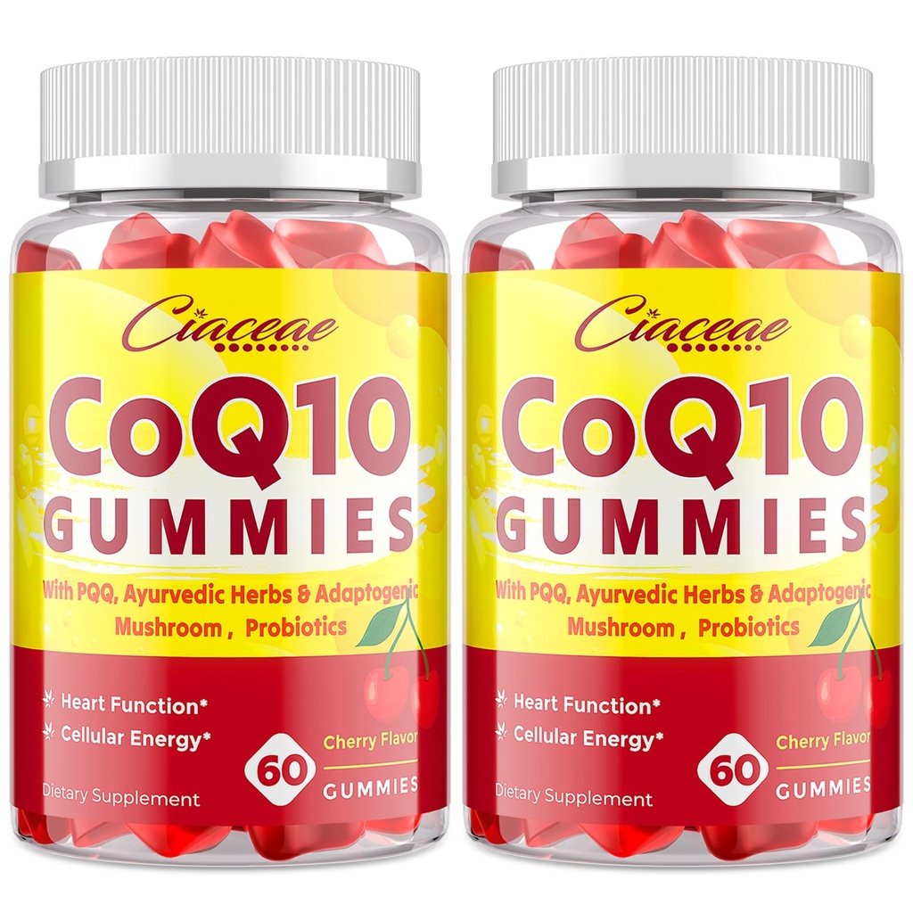 KoQ10 Gummies s PQQ - 400 MG Koenzym Q10 High potence, Vylepšený s Ayurvedic Byliny, Adaptogenní houby Směs & Probiotika pro srdce, Mozek, Energie, Imunita, Cherry Flavor, 120 Veganské gumy