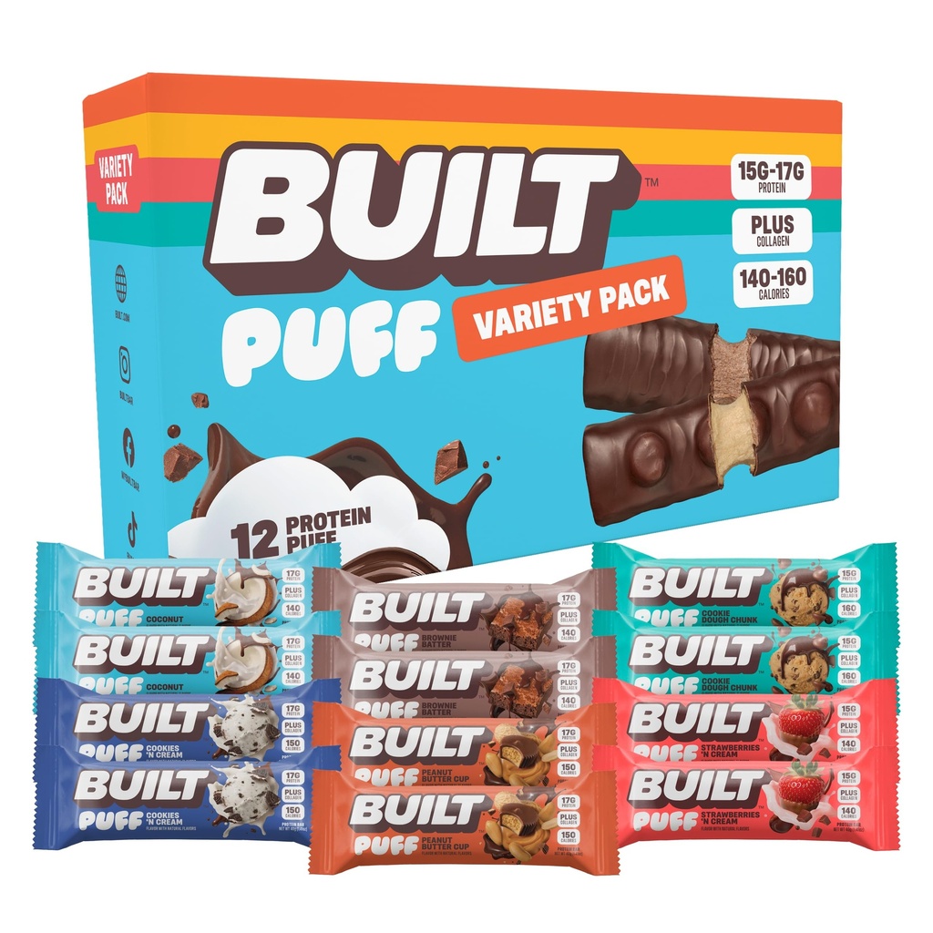 Stavěný bar, Puff Protein Bary, Variety Pack, Kolagen, On- the- go Snacks, Snídaně Bar, Smíšený vzorek, 12 Pack