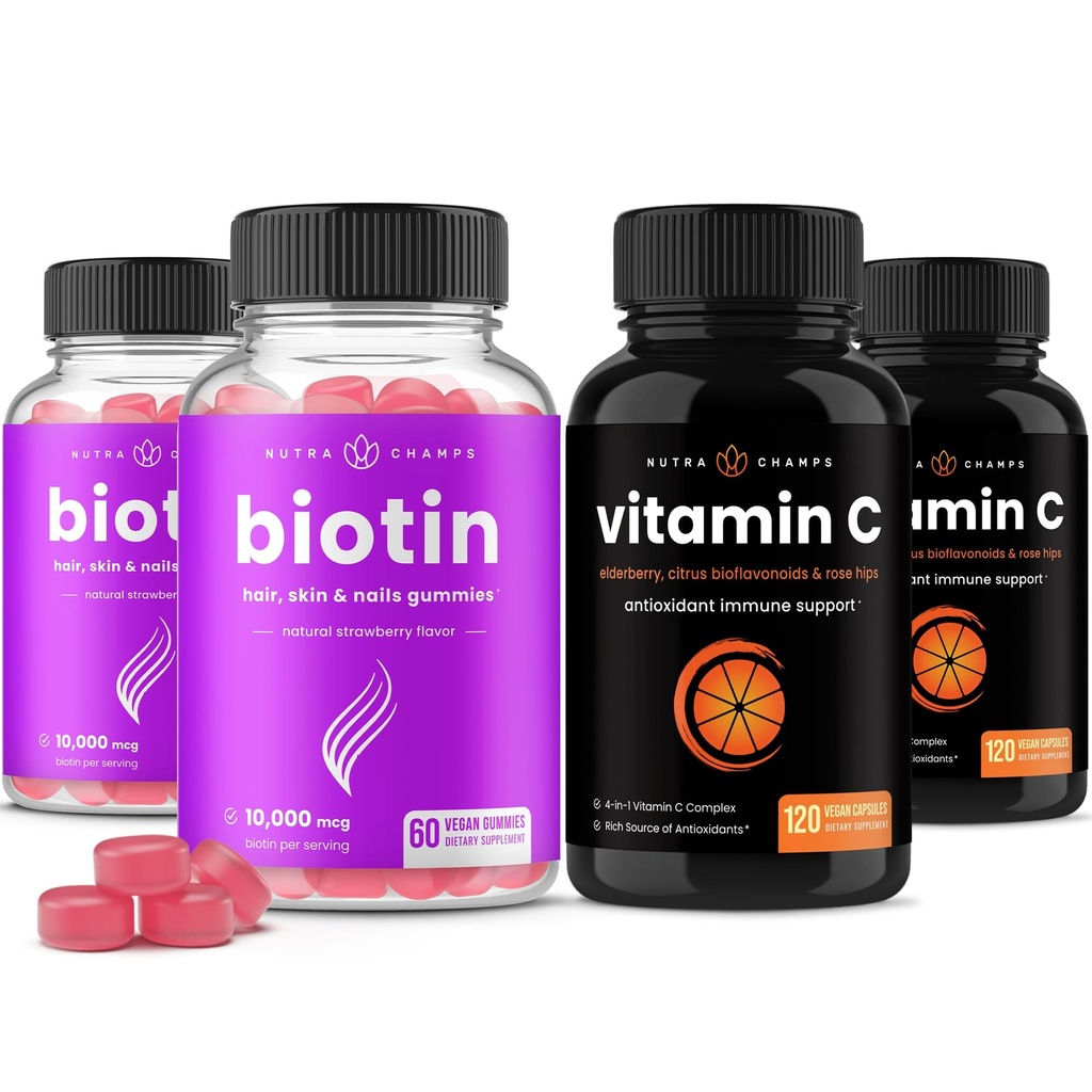 NutraChamps Biotin Gummies (2 balení) a vitamín C Kapsle (2 balení) 4 balení Bundle