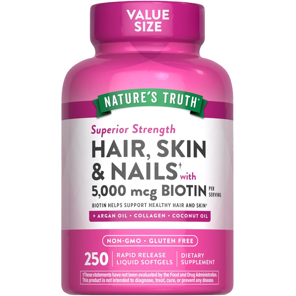 Nature 's Truth Vlasy, kůže a nehty Vitamíny 124; 5000mcg IR 124; 250 Softgels IR 124; Zahrnuje kolagen, Biotin a kokosové oleje 124; Non- GMO & gluten zdarma doplněk pro ženy a muže