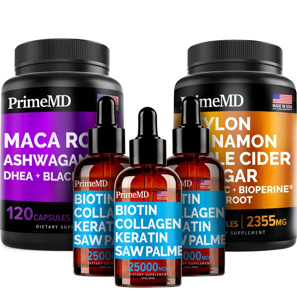 5-in-1 Ceylon Skořice (120ct), 4-in-1 Biotin Kolagen Keratin Saw Palmetto (2 fl oz - 3 Pack) & 6-in-1 Maca Root Ashwagandha (120ct) Bundle - Energy, Mood, Vlasy, kůže a imunitní podpora Dodatek