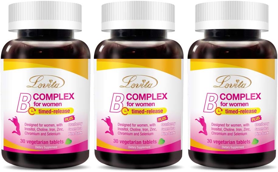 Lovita High potent vitamin B komplex pro ženy, Časované uvolnění, Všechny B vitaminy se železem, Vitamin C, Cranberry, Pine Bark, Zelený čaj pro energii, 30 Vegetariánské tablety (balení po 3)