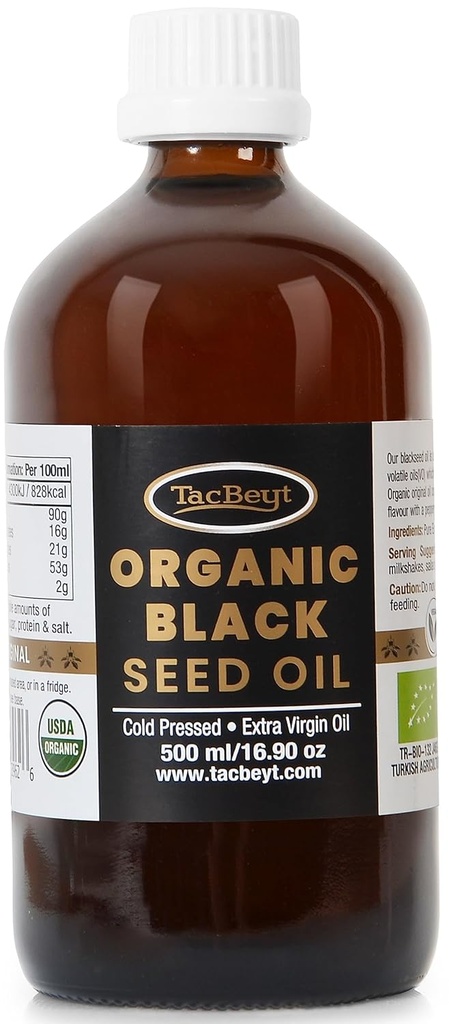 TacBeyt Black Seed Oil, Organic Cold Pressed Liquid, 2% Thymoquinone, 100% Original Turkey Black Seed Oil, USDA Certified, Gluten Free, Non GMO, Cold-Pressed, (Original 16.90 Fl Oz)