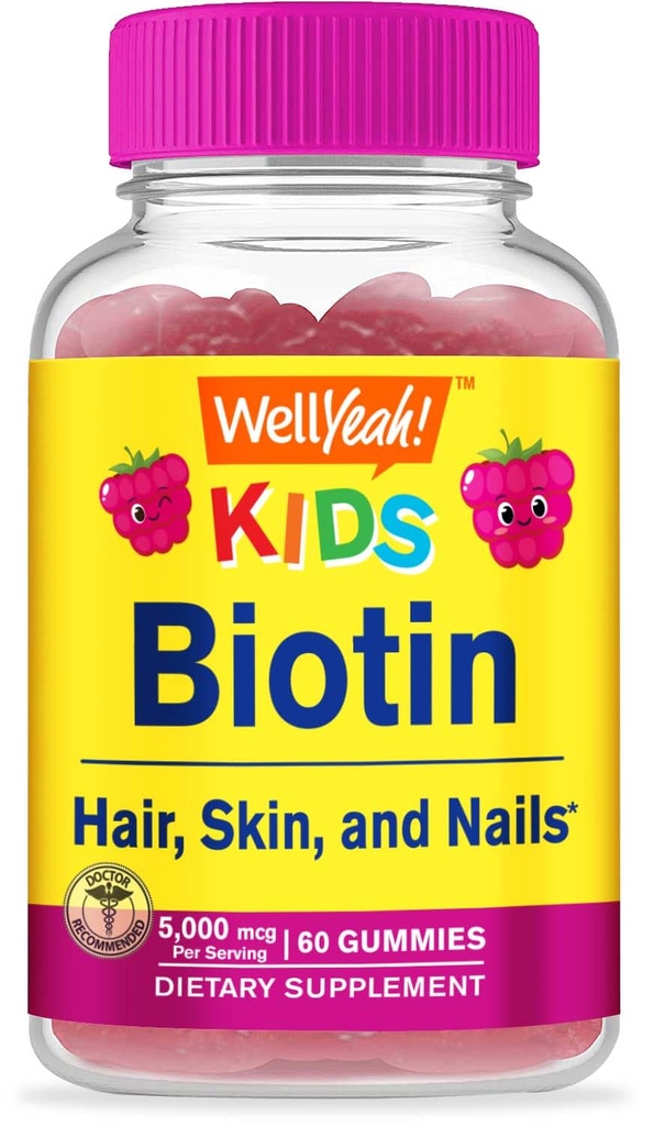 WellYeah Biotin Gummies for Kids 5000 mcg - Podporuje růst vlasů, zdraví pokožky a nehty - Přírodní sourced Flavors - GMO Free, gluten Free - Gummy pro chlapce a dívky - 60 Počet
