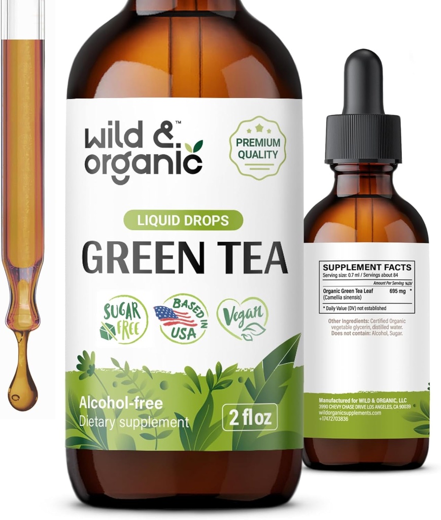 Wild & Organic Green Tea Extract Liquid Drops - Antioxidant Supplement - Natural Green Tea Supplements w / Camelia Sinensis - Vegan, Cukr & Alcohol- Free Tincture - 2 fl oz