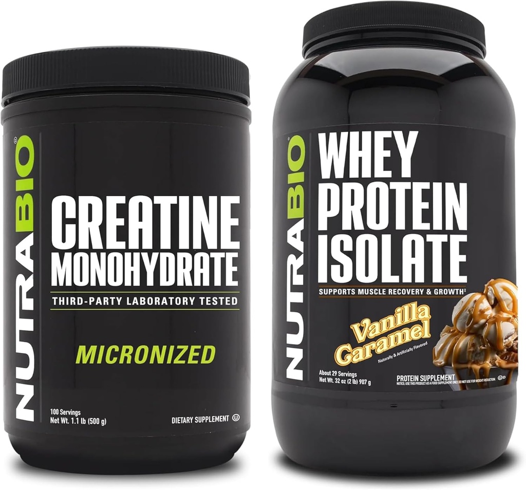 NutraBio Creatine Monohydrát, Neochucené, 500g a syrovátkové bílkoviny izolát, Vanilla karamel, Doplněk Bundle - Svalová energie, Lean růst svalů, zotavení, a síla