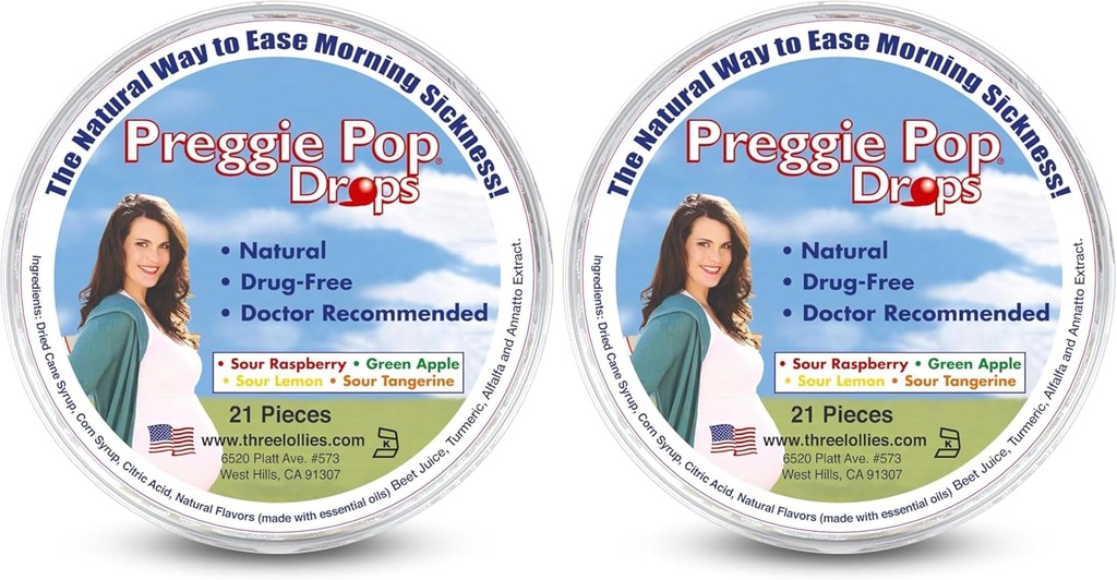 Tři lízátka Preggie Pop Drops - 21 Kapky - ranní nevolnost během těhotenství - Bezpečné pro těhotné maminka & Baby - Gluten Free - Čtyři Flavors: Lemon, Maliny, zelené jablko, Tangerine (Balení 2)