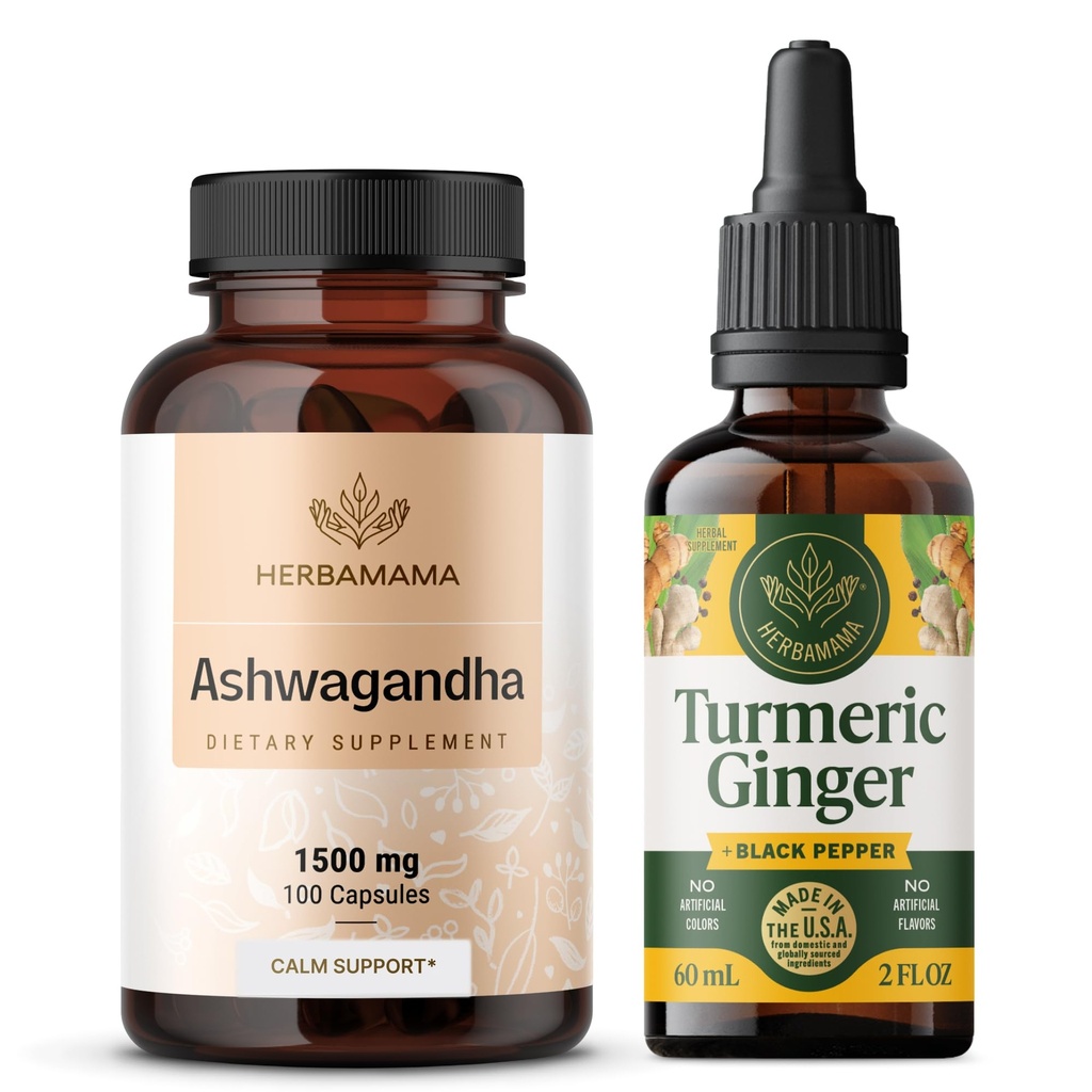 HERBAMAMA Ashwagandha and Turmeric Ginger Kit - Bundle of 1500 mg Ashwagandha Root Capsules & Turmeric Ginger Tincture 2 fl oz - Vegan, Non- GMO, Sugar & Alcohol- Free - 2 Pack