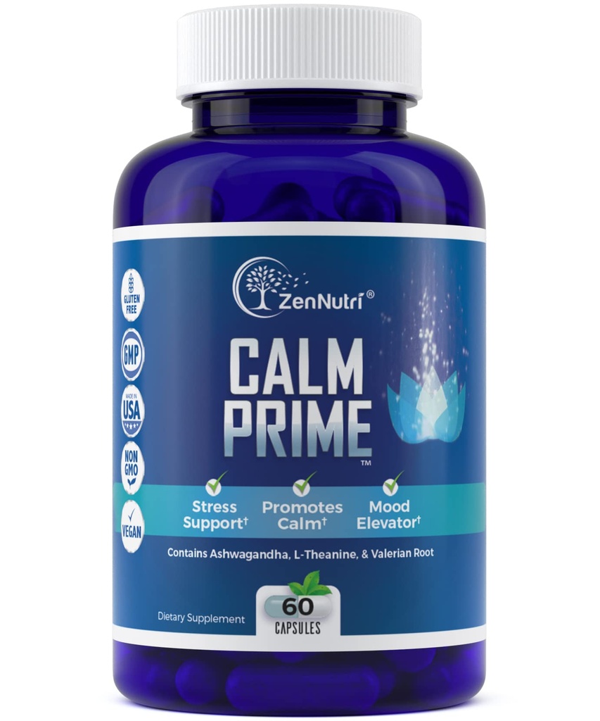 Clime Prime Stress Relief Dodatek Non- Drowsy CLANE124; Mood Support Supplementary CLANE124; Mood Boost CLANE124; Vegan Daytime Stress doplňky Climate Aid CLANE124; Stress Vitamíny - Ashwagandha, Valerian Root - 60 Počet