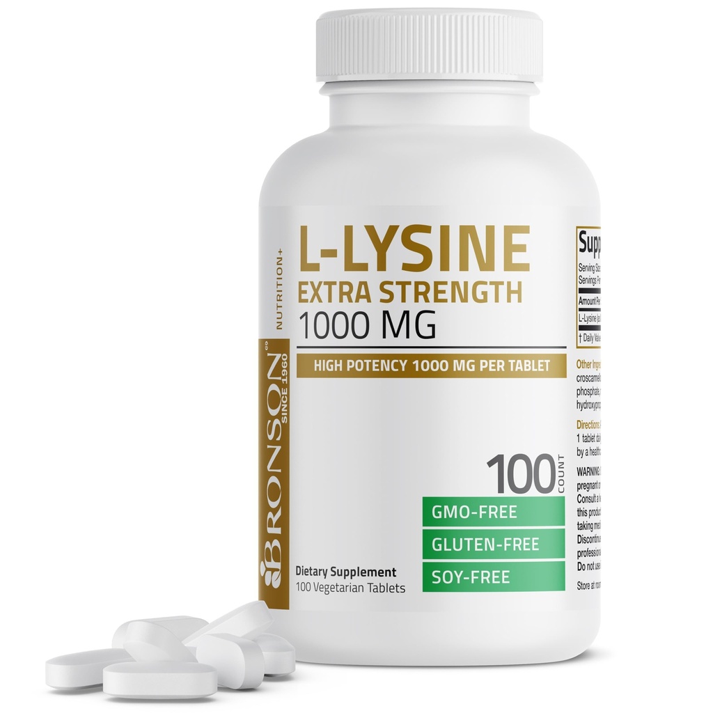Bronson L- Lysin Extra Strength 1000 MG / Tablet High Potency, Immunication Support & Supports Collagen Syntéza, Non- GMO, 100 Vegetariánských tablet
