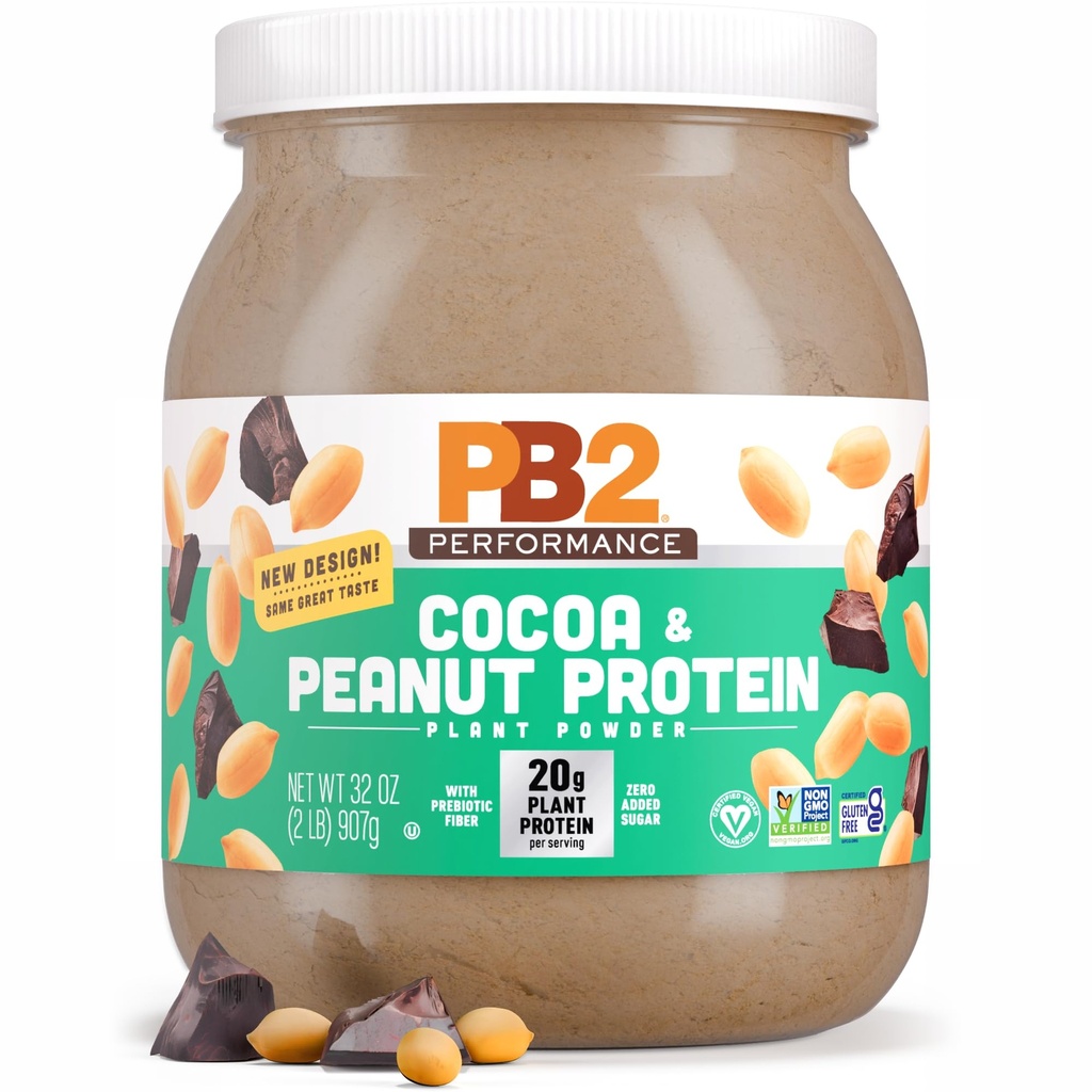 PB2 Performance Peanut Plant Based Vegan Protein Powder 124; 20g Complete Protein, No Add Sugar, Prebiotic Fiber CU124; Dairy Free, Certified Vegan, Non-GMO, and Gluten Free [Peanut with Dutch Cocoa, 2lb]