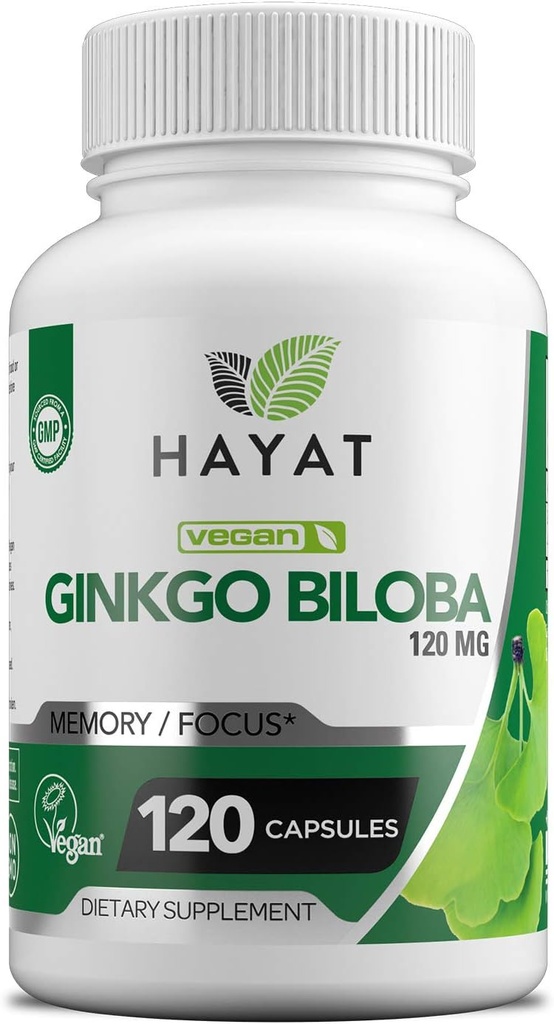 HAYAT Vitamíny Vegan Ginkgo Biloba - Extra síla 500 MG na obsluhu, podporuje mozkovou funkci a podporu paměti, Certified Halal, 120 Kapsle, Made in USA