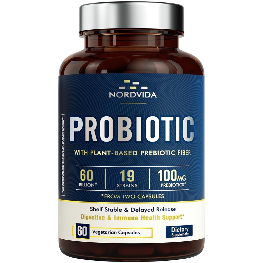 Probiotické 60 miliard 19 Stravovací šňůry s organickou prebiotikou pro muže a ženy, trávicí a imunitní zdraví, Stálé skladování, Non- GMO No Dairy, 60 Vegan Caps