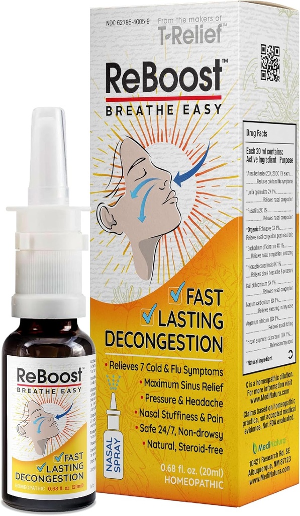 Reboost Dýchání Snadná dekongesce Nasal Spray Fast- působící studená & chřipka Symptomy zmírnit přírodní homeopatické složky Nápověda klid zácpa, bolest hlavy a Sinus tlak - 0.68 oz