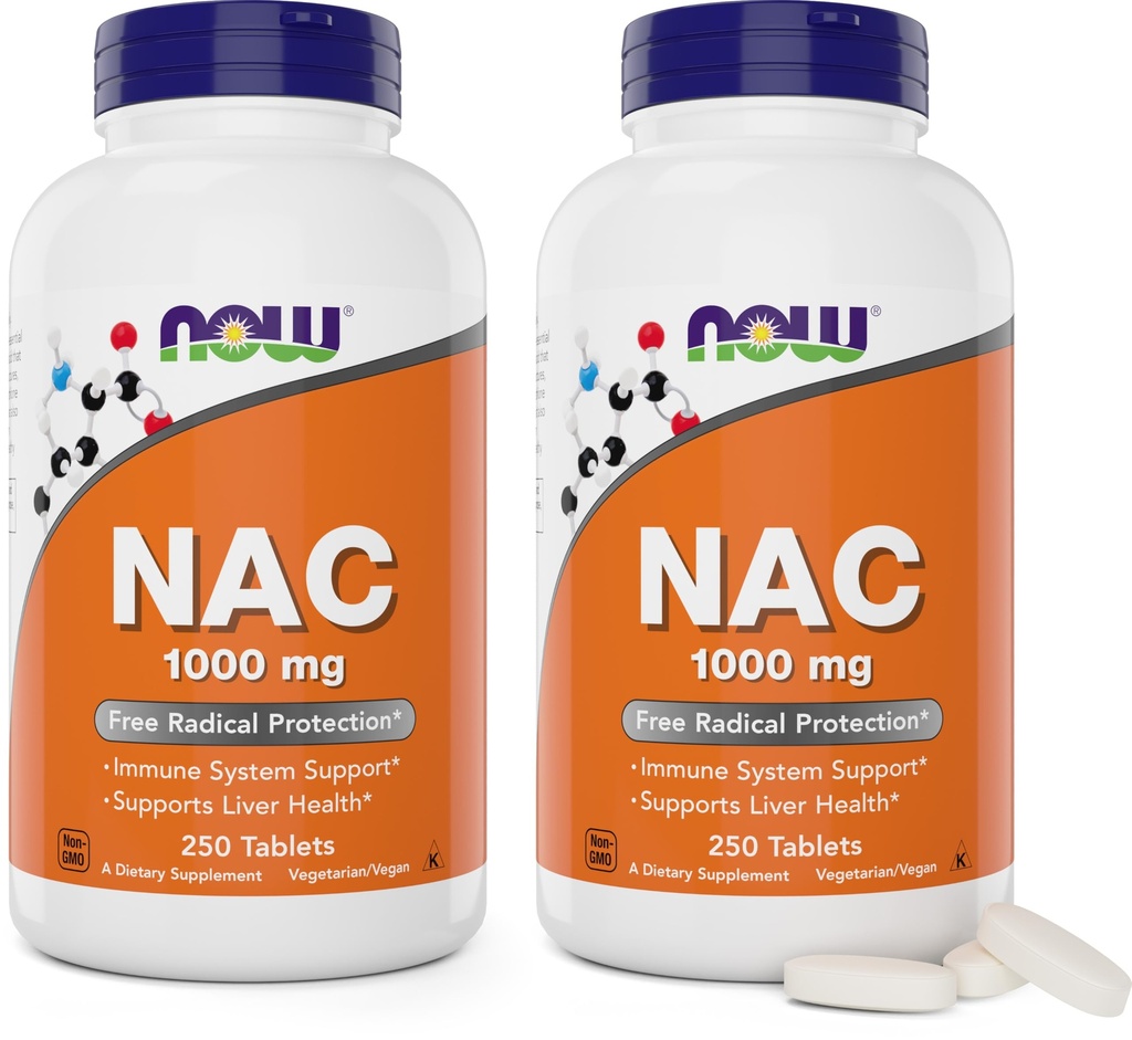 Nyní Potraviny NAC 1000 mg, 250 tablet (balení po 2), N- acetylcystein dodatek, 1000mg (1 gram) na tabletu - Vegetariánské, Non- GMO