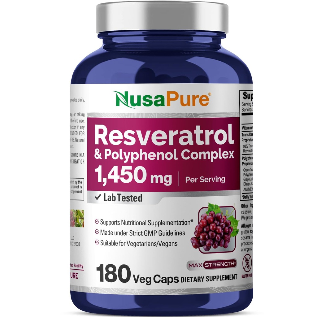 NusaPure Resveratrol & Polyfenol Complex 1450mg 180 Vegetariánských kapslí (Non- GMO, Vegan) Vitamin C