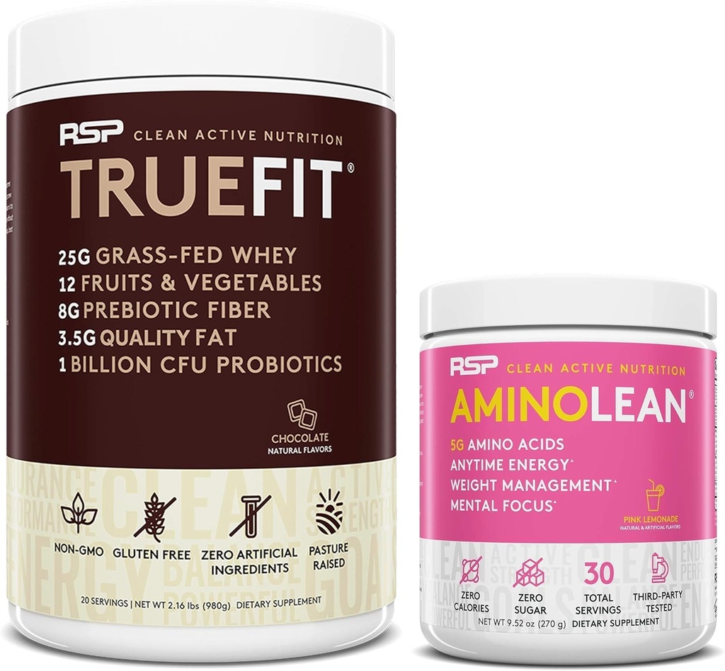 RSP NUTRION AminoLean Pre Workout Energy (Pink Lemonade 30 Servings) with TrueFit Protein Powder (Chocolate 2 LB)