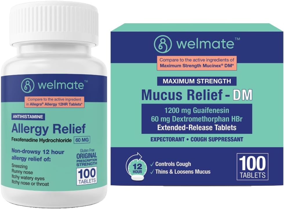WELMATE Total Respirate Health Bundle: Alergics Relief Fexofenadin HCl 60mg (100 Ct) 12- Hour Non- Drowsy Antihistamin + Maximální síla Mucus Relief DM 1200mg Guaifenesin & 60mg DXM (100 Ct)