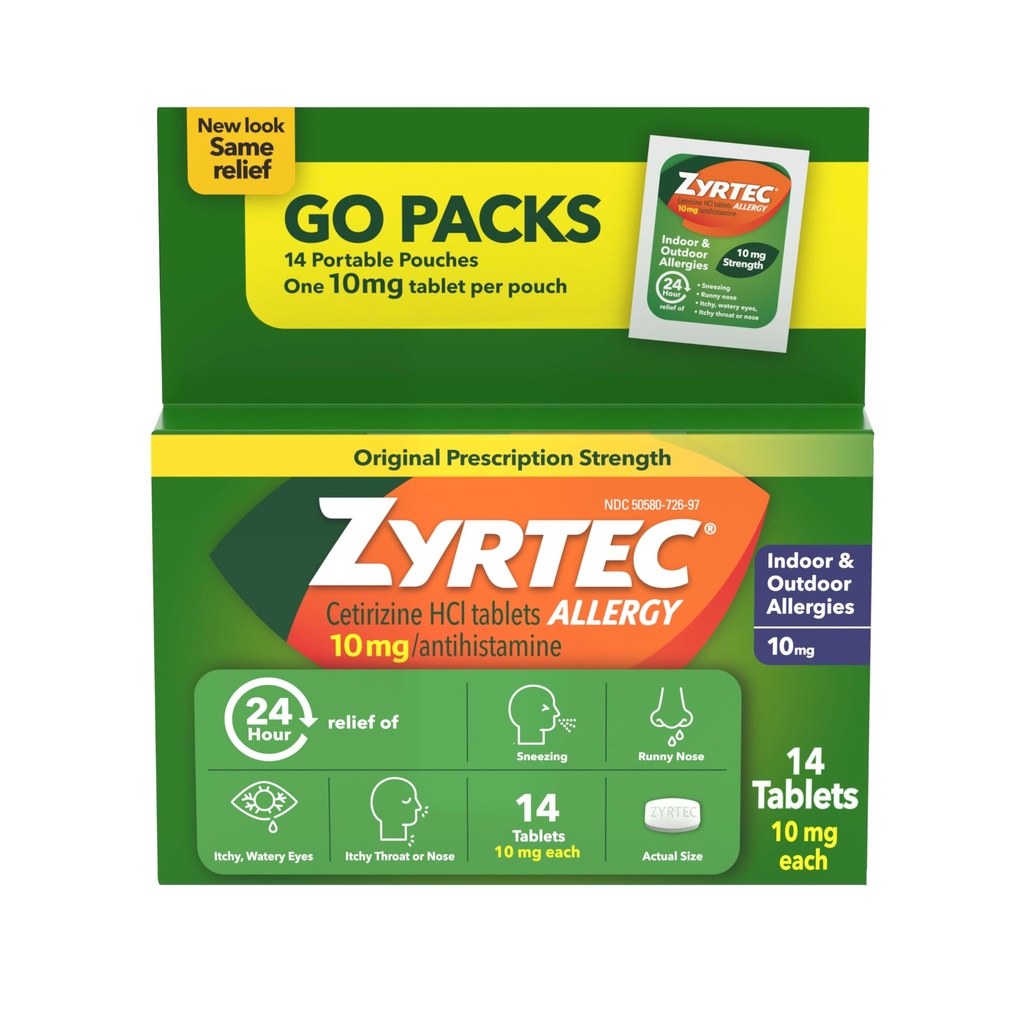 Zyrtec 24 hodin Allerief Relief Tablety, Antihistamin Krytý a venkovní proti alergie Medicine + Cetirizin HCl, Relief od Runny Nose, Nutsing, & Itchy Eyes, Single Packs, 14 x 1 ct Packets