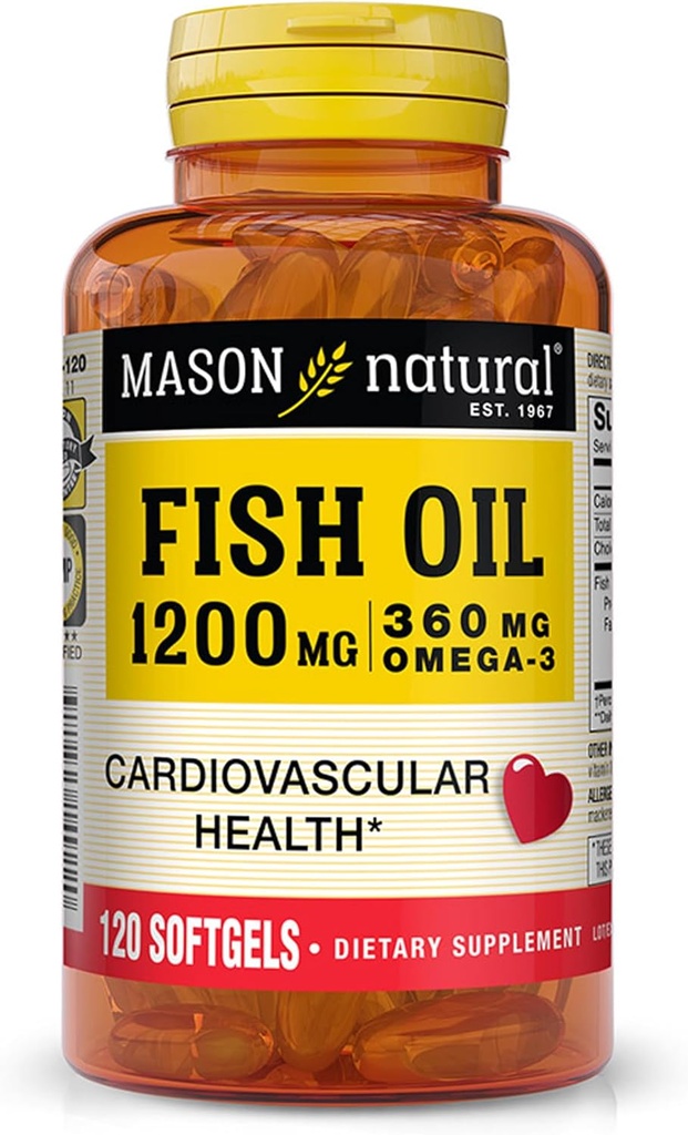 MASON NATURAL Fish Oil 1200 mg Omega-3 360 mg - Zdravé srdce, podporuje cirkulační funkce, zlepšené kardiovaskulární zdraví, 120 Softgels