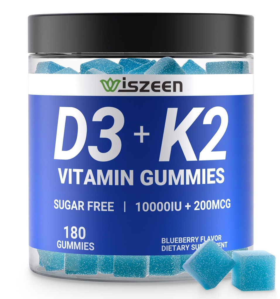 Sugar- Bez vitamínu D3 K2 gumy, Vitamin D3 10000iu & Vitamin K2 (MK7) 200mcg s vápníkem, hořčík, Vitamin B12 pro kostní svalstvo zuby imunitní, Vegan